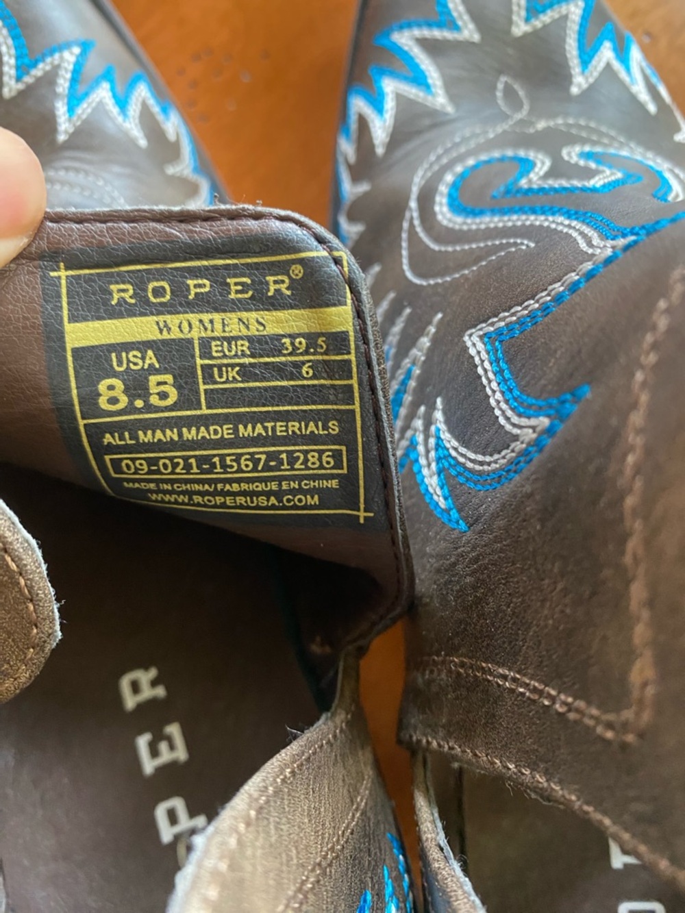Roper Brown Leather Western Slip-On Boots with Blue Embroidery - Picture 9 of 9